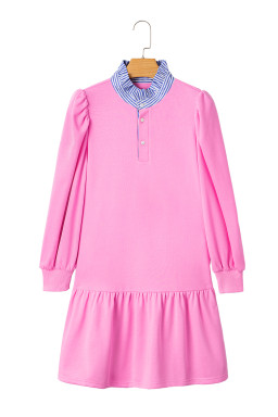 Pink Striped Collar Long Sleeve Ruffle Hem Dress