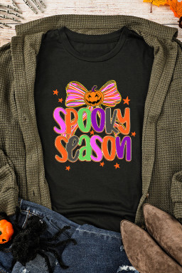 Black SPOOKY SEASON Halloween Pumpkin Bow Heat Transfer Printing T Shirt