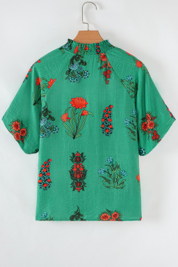 Bright Green Floral Button V-Neck Blouse