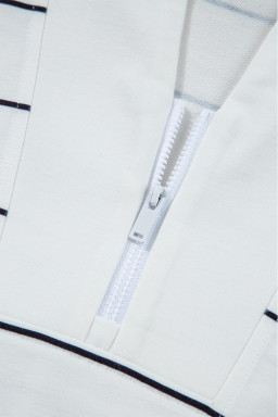 White Striped Zipper V-Neck Drop Sleeve Top