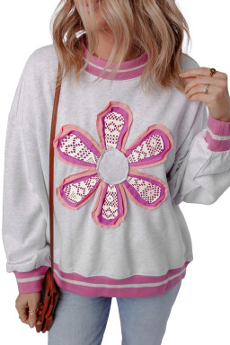 Gray Flower Patch Contrast Trim Crew Neck Sweatshirt