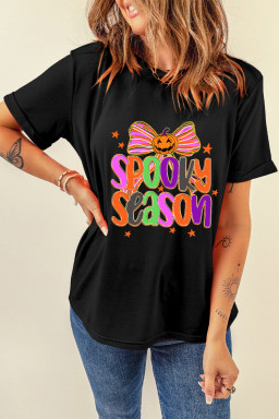 Black SPOOKY SEASON Halloween Pumpkin Bow Heat Transfer Printing T Shirt