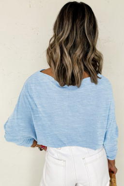 Beau Blue Solid Color Boat Neck Batwing Long Sleeve Top