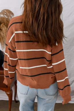 Brown Striped Ribbed Edge Drop Shoulder Sweater