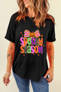 Black SPOOKY SEASON Halloween Pumpkin Bow Heat Transfer Printing T Shirt