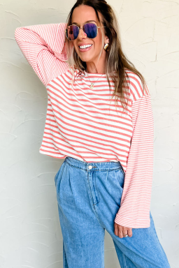 Pink Striped Textured Patchwork Drop Sleeve Top
