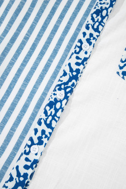 Sky Blue Leopard Striped Patchwork Button-up Shirt Shacket