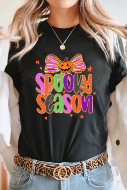 Black SPOOKY SEASON Halloween Pumpkin Bow Heat Transfer Printing T Shirt