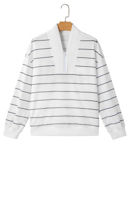 White Striped Zipper V-Neck Drop Sleeve Top