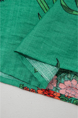 Bright Green Floral Button V-Neck Blouse