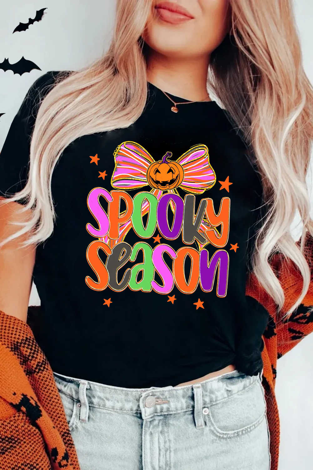 Black SPOOKY SEASON Halloween Pumpkin Bow Heat Transfer Printing T Shirt