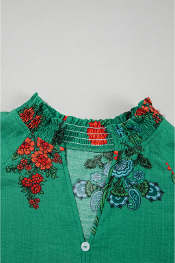 Bright Green Floral Button V-Neck Blouse