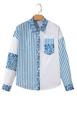 Sky Blue Leopard Striped Patchwork Button-up Shirt Shacket