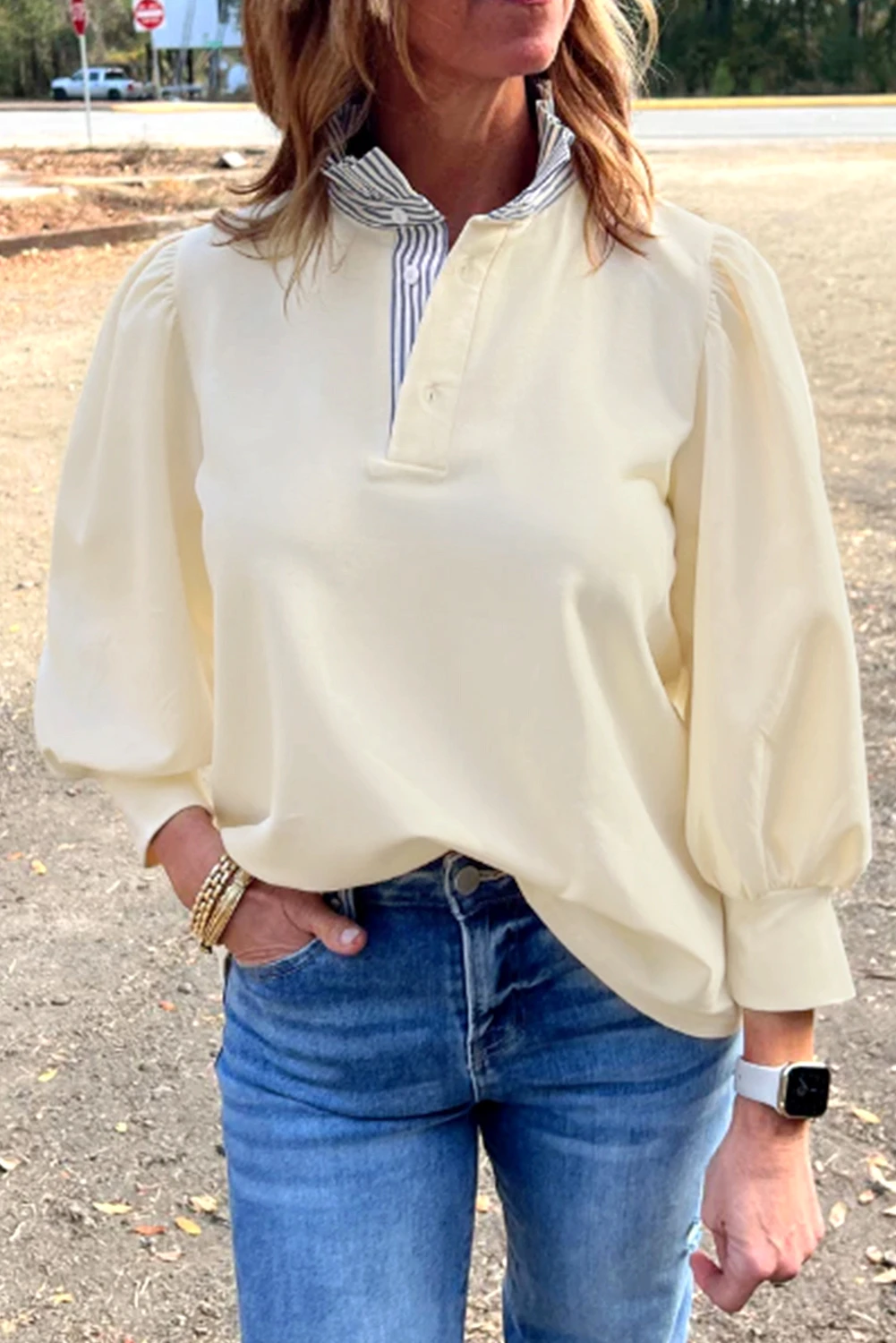 Ruffle-Sleeve Stripe Sweatshirt