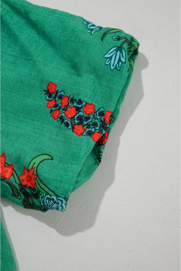 Bright Green Floral Button V-Neck Blouse