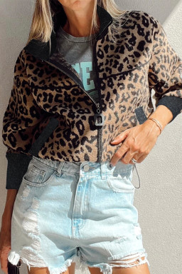 Khaki Leopard Print Zip Up Stand Neck Side Pocket Jacket