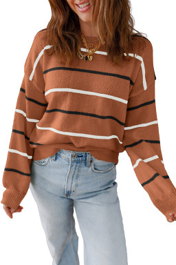 Brown Striped Ribbed Edge Drop Shoulder Sweater