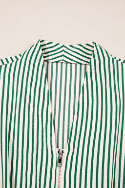 Green Striped V Neck Zip Front Cinched High Waist Midi Dress
