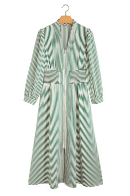 Green Striped V Neck Zip Front Cinched High Waist Midi Dress