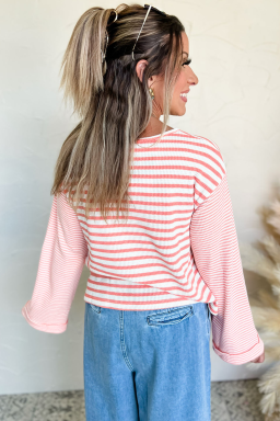 Pink Striped Textured Patchwork Drop Sleeve Top