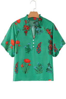 Bright Green Floral Button V-Neck Blouse