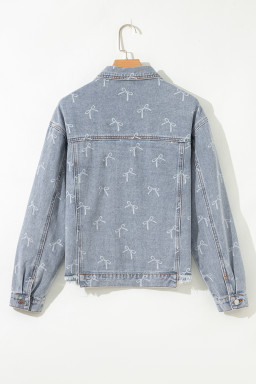 Sky Blue Bow Print Light Wash Raw Hem Denim Jacket