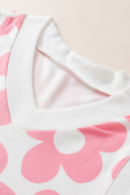 Pink 60s Floral Print V Neck Contrast Trim Knitted Vest