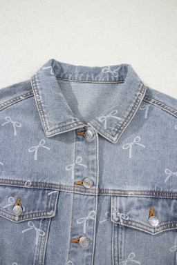 Sky Blue Bow Print Light Wash Raw Hem Denim Jacket