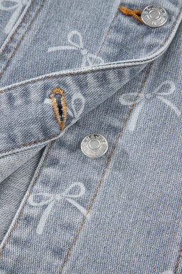 Sky Blue Bow Print Light Wash Raw Hem Denim Jacket
