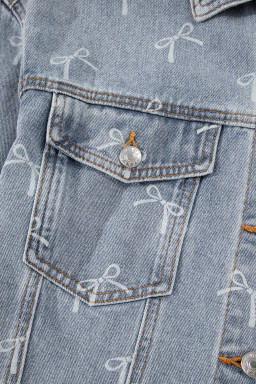 Sky Blue Bow Print Light Wash Raw Hem Denim Jacket