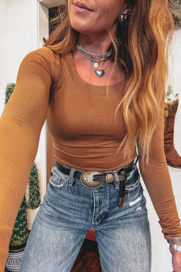 Chestnut Solid Color Long Sleeve Slim Fit Top