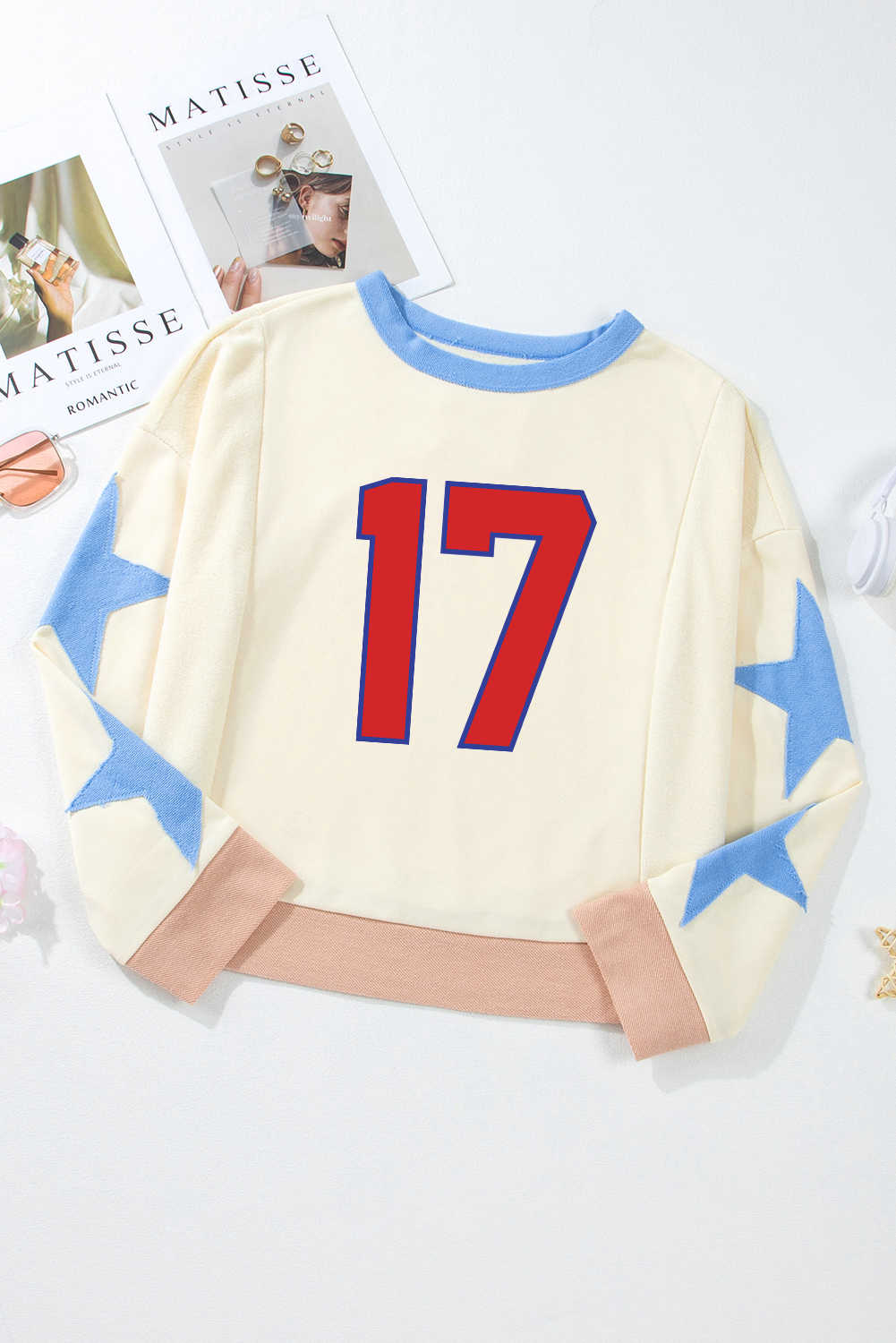 Beige Number 17 Heat Transfer Printing Stars Patched Sleeve Cropped Sweatshirt