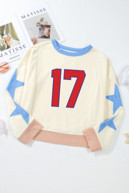 Beige Number 17 Heat Transfer Printing Stars Patched Sleeve Cropped Sweatshirt