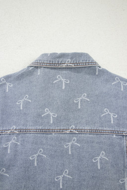 Sky Blue Bow Print Light Wash Raw Hem Denim Jacket
