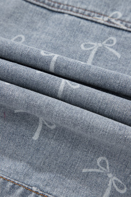 Sky Blue Bow Print Light Wash Raw Hem Denim Jacket