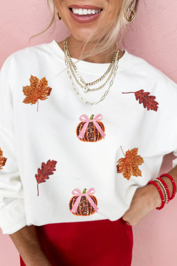 White Fall Leaf Bow Pumpkin Sequin Patched Baggy Sweatshirt