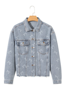 Sky Blue Bow Print Light Wash Raw Hem Denim Jacket