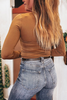 Chestnut Solid Color Long Sleeve Slim Fit Top