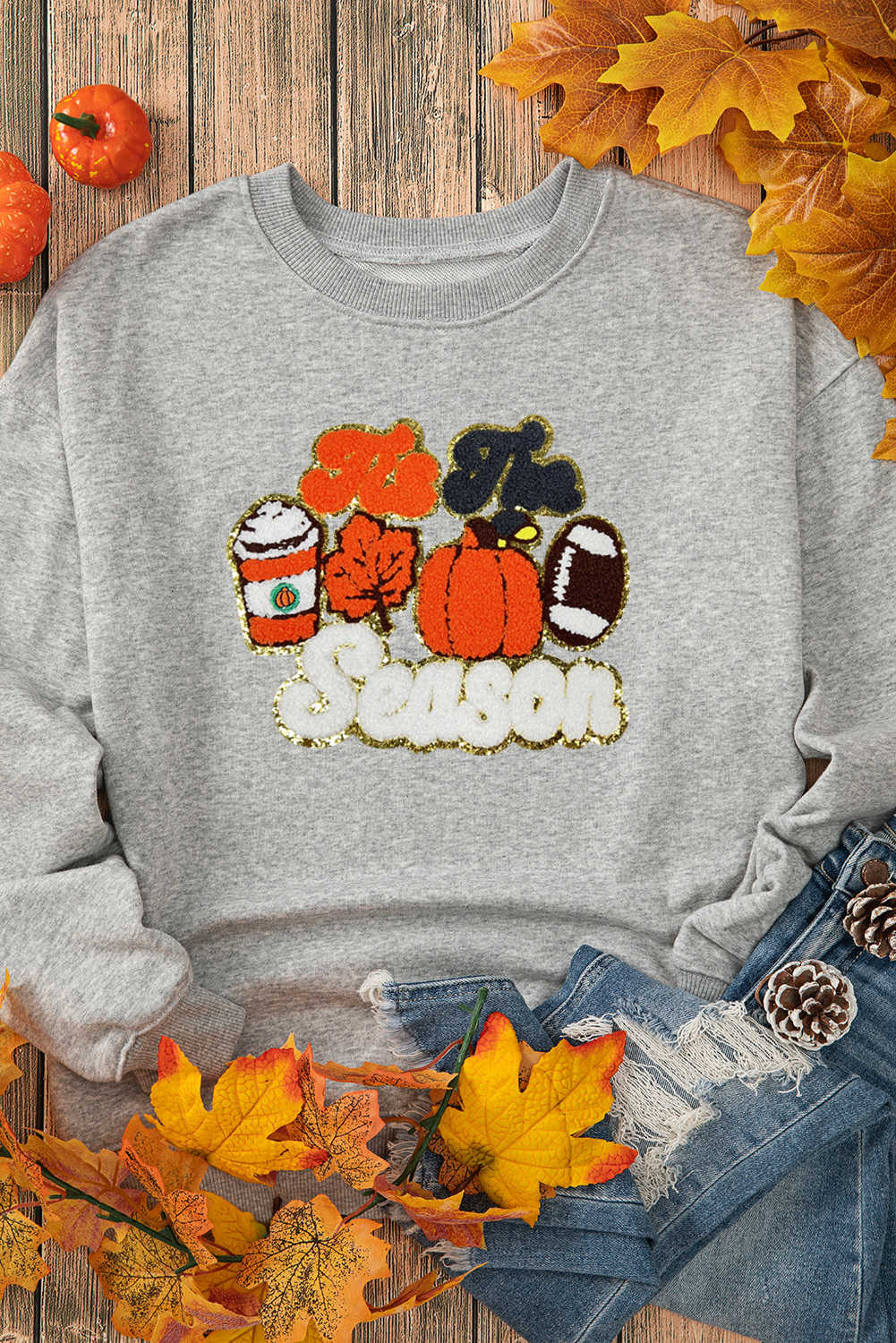 Gray Fall Season Pumpkin Football Terry Flocking Graphic Sweatshirt