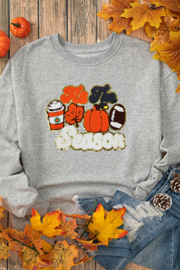 Gray Fall Season Pumpkin Football Terry Flocking Graphic Sweatshirt