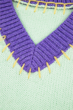 Green Stitched V Neck Colorblock Knitted Drop Shoulder Sweater