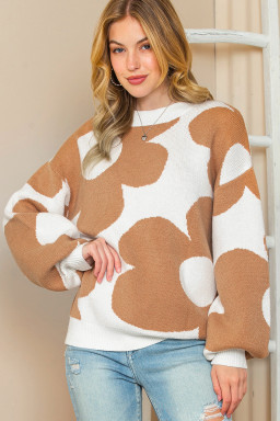 Khaki 60s Floral Pattern Ribbed Trim Pullover Sweater