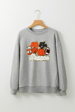 Gray Fall Season Pumpkin Football Terry Flocking Graphic Sweatshirt