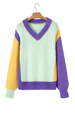 Green Stitched V Neck Colorblock Knitted Drop Shoulder Sweater