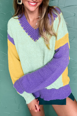 Green Stitched V Neck Colorblock Knitted Drop Shoulder Sweater