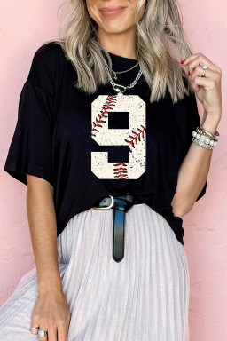 Black Game Day Number 9 Baseball Pattern Heat Transfer Printing Oversize Tee