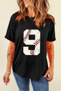 Black Game Day Number 9 Baseball Pattern Heat Transfer Printing Oversize Tee