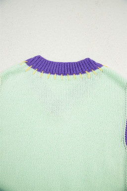 Green Stitched V Neck Colorblock Knitted Drop Shoulder Sweater