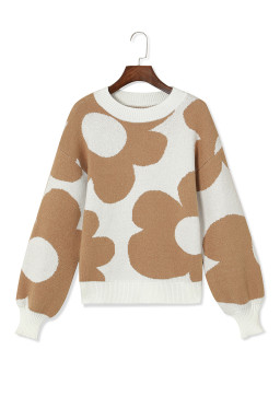 Khaki 60s Floral Pattern Ribbed Trim Pullover Sweater