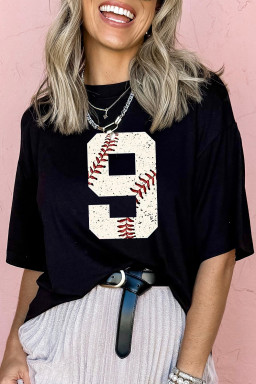 Black Game Day Number 9 Baseball Pattern Heat Transfer Printing Oversize Tee